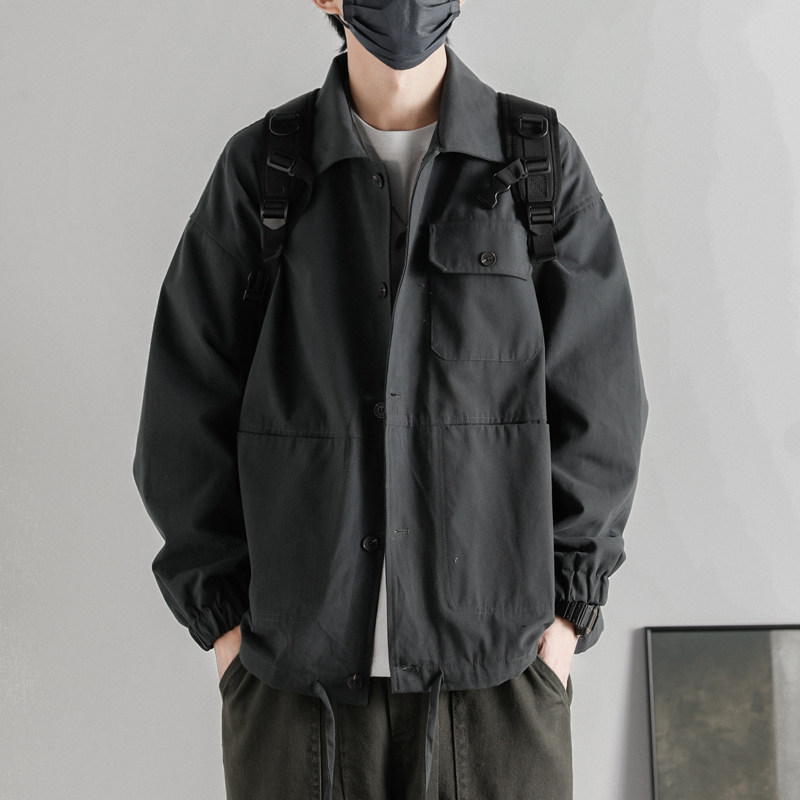 Tooling jacket men's lapel trendy brand casual top spring and autumn Japanese retro loose youth coach jacket