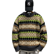 2022 autumn and winter new season round neck sweater thickened plaid all-match sweater mens trendy brand sweater top