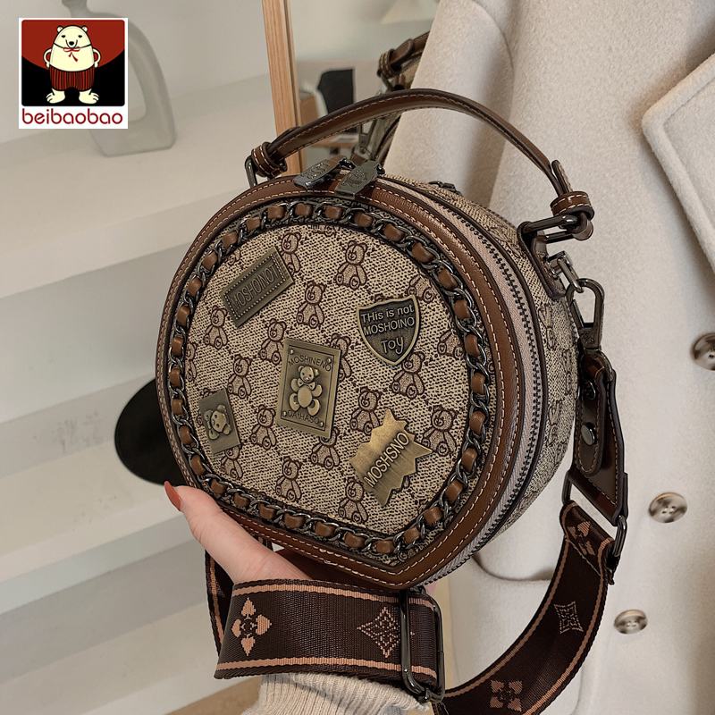 Beibao Handbag for Women 2025 New Trendy Badge Print Shoulder Crossbody Bag Fashionable Bear Round Bag Trendy