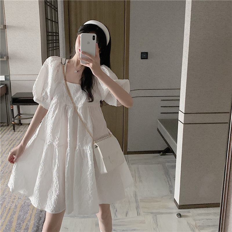 Maternity Dress with Puff Sleeves and Tiered Skirt, 2024 New Summer French-Style High-End Square-Neck Dress