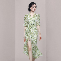 HiSunday Puff Sleeve French Mermaid Skirt Premium Chiffon Ruched Slit Long Green Floral Dress