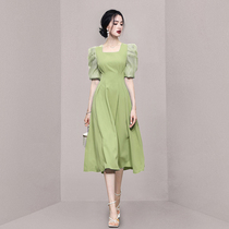 HiSunday French retro long qun female summer high-end sexy square neck puff sleeve waist Hepburn style green