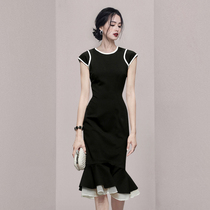HiSunday summer professional temperament goddess fan high-end black slim bag hip mesh fishtail dress