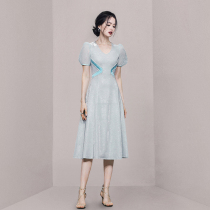 HiSunday French stunning blue jumpsuit qun a-word slim puff sleeves mesh high-end dress long qun