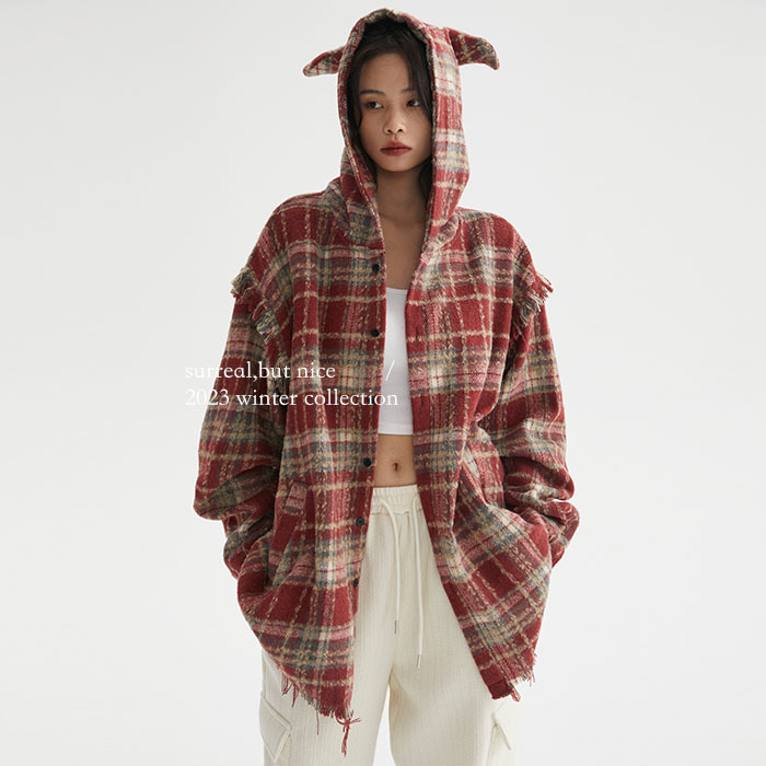 Surreal Super Elephant [Zb1 Zhang Hao’S Same Style] Little Devil Hooded Tassel Edge Plaid Jacket