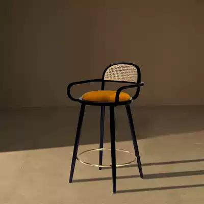 New Chinese bar chair Modern bar stool rattan back solid wood high chair Retro light luxury household creative metal bar chair