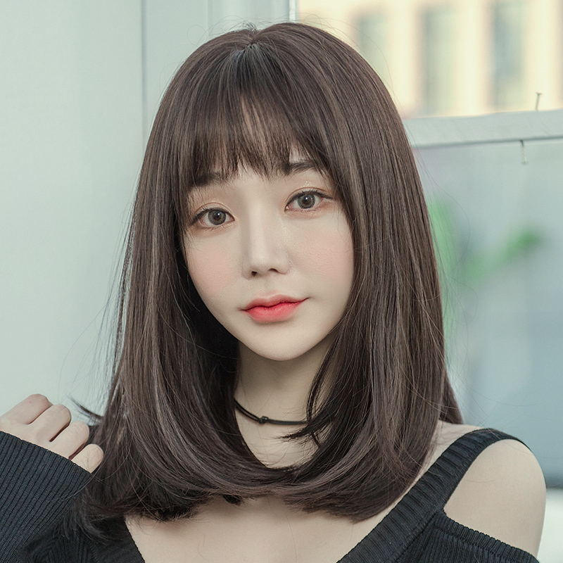 Wig women's medium long hair long straight hair realistic natural full realistic hair set pseudo-mother net red collarbone hair repair face short hair