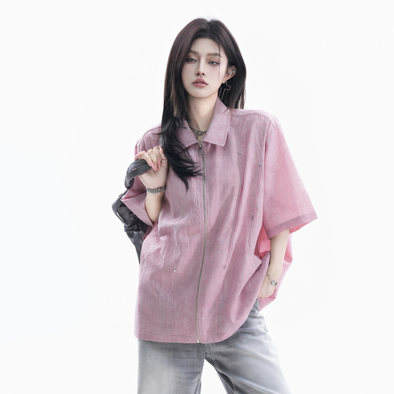 Small Ball Korean Style Lazy Pink Linen Short-Sleeved Shirt for Women Loose Zipper Cardigan Couple ins Top Small Ball Korean Style Lazy Pink Linen Short-Sleeved Shirt for Women Loose Zipper Cardigan Couple ins Top