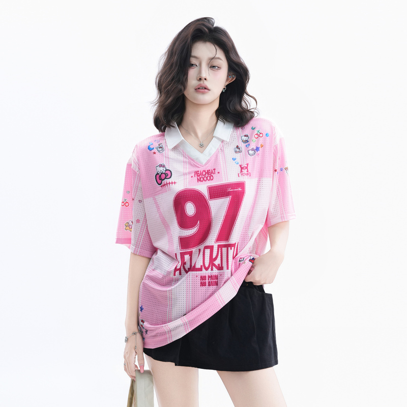Small Ball American Retro Color-Block Jersey V-Neck T-Shirt for Women Summer Kitty Print Loose Couple Short-Sleeve Small Ball American Retro Color-Block Jersey V-Neck T-Shirt for Women Summer Kitty Print Loose Couple Short-Sleeve