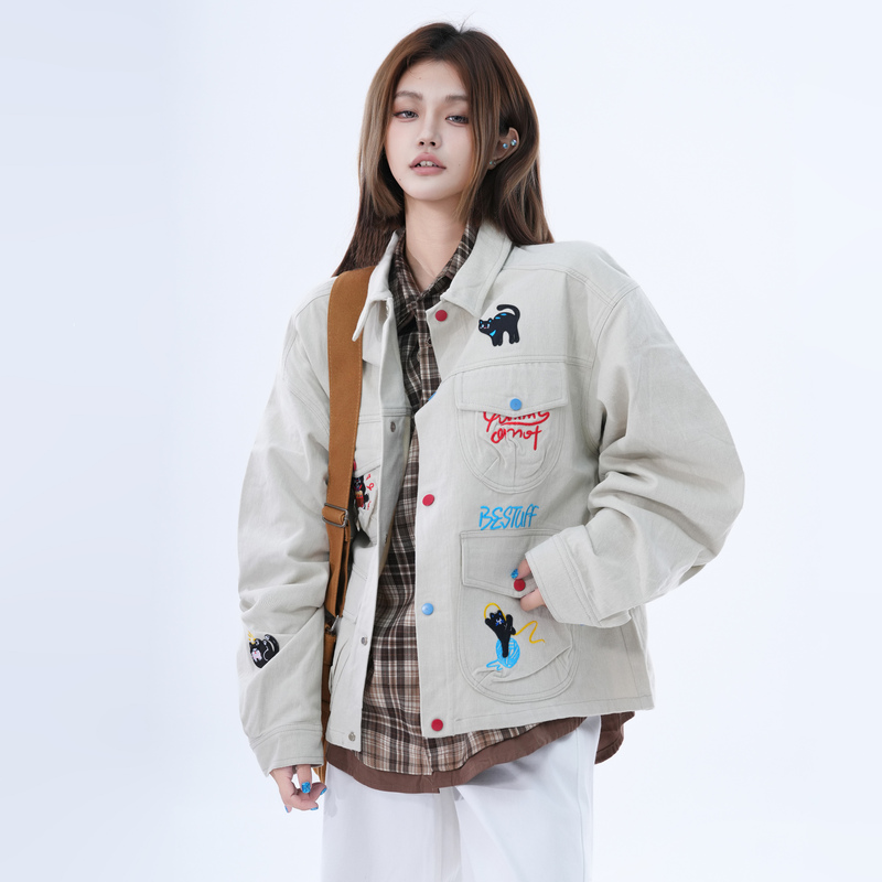 Small Ball American Retro Fun Cat Embroidered Denim Jacket for Women, Loose Casual Versatile Workwear Jacket