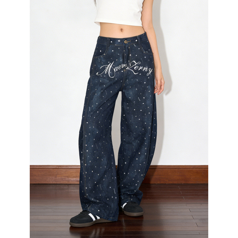 Small Ball American Retro Star Print Jeans for Women, Loose Wide-Leg High-Waisted Slimming Casual Long Pants
