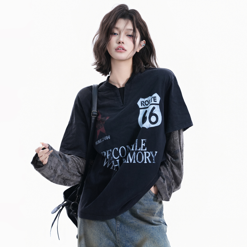 Small Ball American Retro Camouflage Hollow-Out Patchwork Fake Two-Piece Long-Sleeve T-Shirt for Women, Loose Casual Top, Trendy