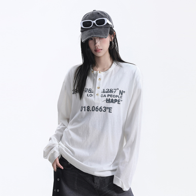 Small Ball Retro Latitude Print Henry Collar Long-Sleeve Women's Loose Drapey Drop-Shoulder Slimming Couple Versatile T-Shirt Small Ball Retro Latitude Print Henry Collar Long-Sleeve Women's Loose Drapey Drop-Shoulder Slimming Couple Versatile T-Shirt