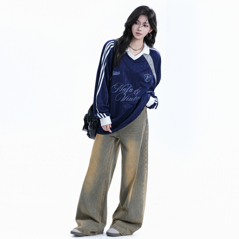 Small Ball-Shaped American Retro Lapel Jersey-Style Long-Sleeve T-Shirt for Women, Loose and Casual Couple's Top