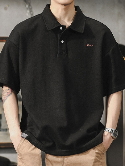 美式复古POLO衫男夏季简约风重磅男装宽松大码男士短袖T恤保罗衫