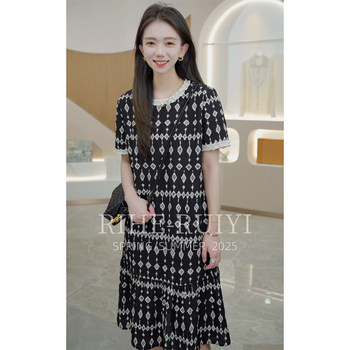 R h horizontal striped earrings 7181 new fashionable temperament slim printed mulberry silk dress
