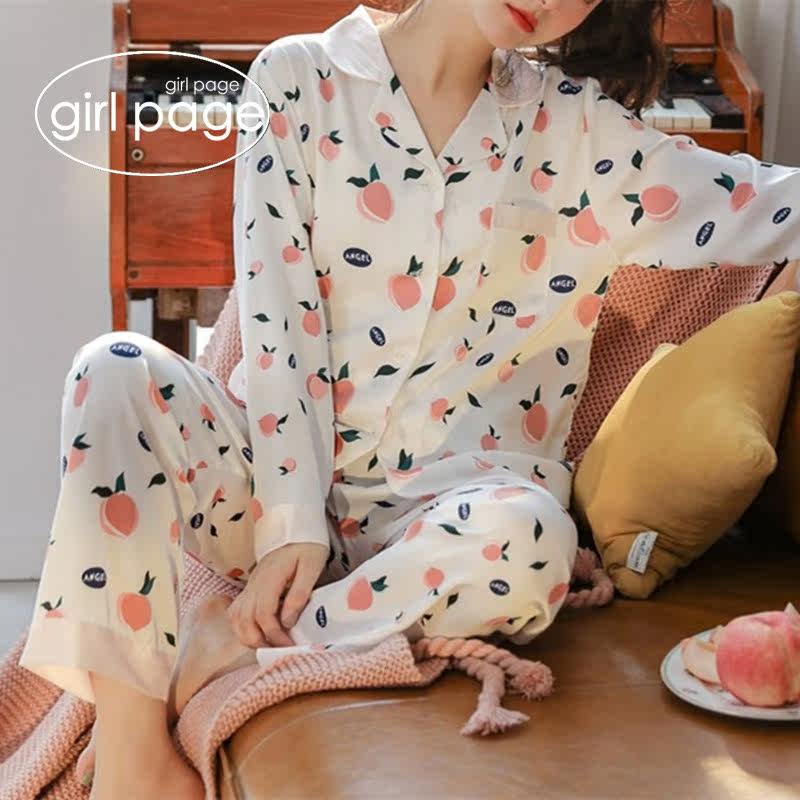 Japanese GP peach lapel ice silk pajamas women's spring and autumn long-sleeved printing two-piece cardigan home service