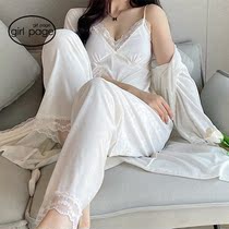 Japanese GP gold velvet lace lace with three sets autumn winter pure color long sleeve sexy sleeping robe pajamas