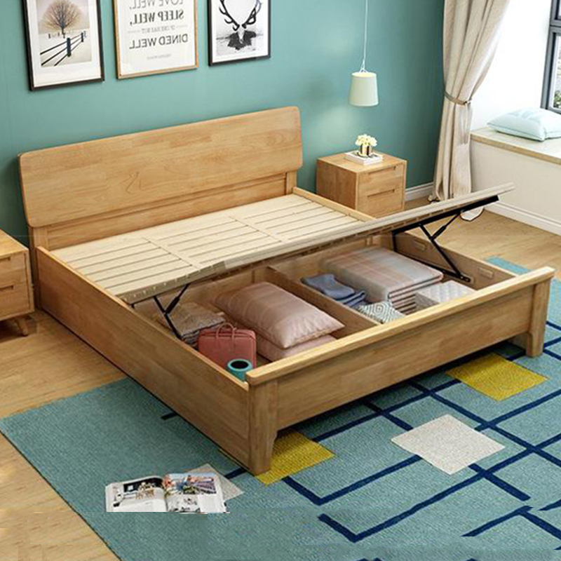 Solid wood bed Nordic minimalist modern 1 8 m double bed main sleeper box containing bed Home 1 5 m log wedding bed