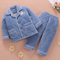Winter coral velvet pajamas childrens three-layer thickened cotton set for boys and girls baby flannel home wear