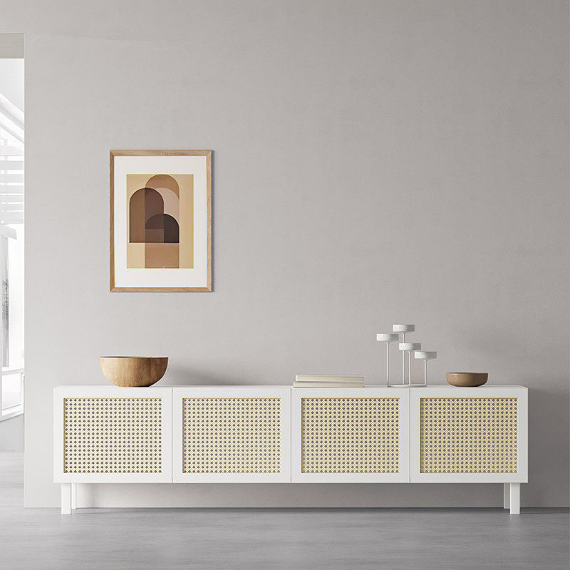 Nordic solid wood rattan TV cabinet simple modern small apartment living room long floor cabinet audio-visual cabinet storage cabinet household cabinet