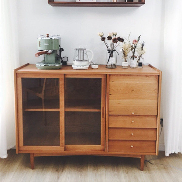 Nordic Solid Wood Dining Side Cabinet Minima Modern Tea Water Cabinet Livingroom Hine Guan Cabinet Decorated Cabinet Wine Cabinet Glass Door Holding Cabinet