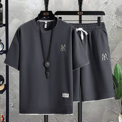 Waffle Shorts Set for Men, Summer Thin Ice Silk Short-Sleeved Men's Sportswear, Trendy Brand, Loose Casual Five-Point Shorts