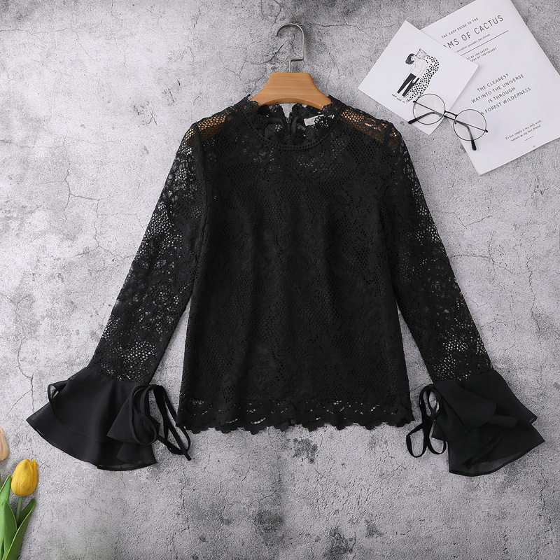 2021 new spring summer black long sleeves lace blouse women 100 hitch bottom easy horn sleeve hollowed-out lace gown
