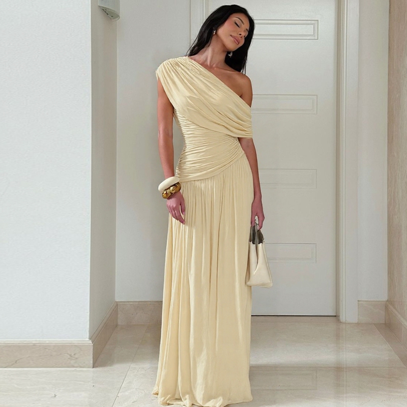 Shemoda Asymmetrical Off-Shoulder Dress for Women, Elastic Slim-Fit Pleated High-Waisted Patchwork Draped Long Dress