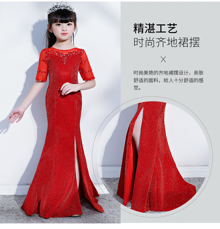 2018 thu đông mới tay áo dài đuôi cá thon dài catwalk dạ hội váy đỏ sinh nhật trang phục biểu diễn thường niên trang phục đi tiêc trẻ em cao cấp