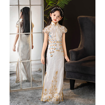 2024 New Girls Original Cheongsam Evening Gown White High-End Sequin Embroidered Childrens Long Slim Performance Costume