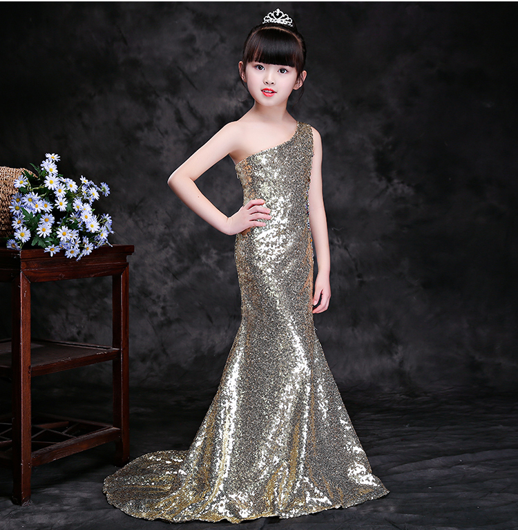 Trẻ em ăn mặc một- vai sequins đuôi cá váy con lắc mô hình sân khấu lưu trữ trang phục sàn diễn thời trang phù hợp với vàng mới bộ đồ vest bé trai lịch lãm