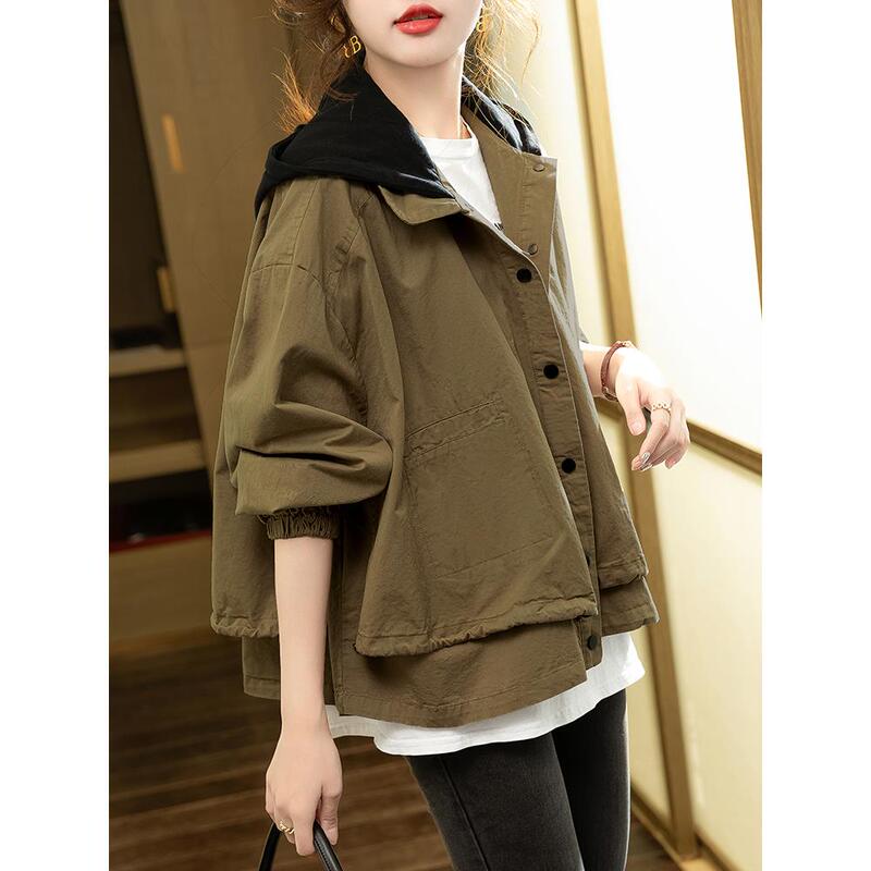 Japanese Hooded Women's Short Jacket, Casual, Versatile, Loose, Slimming, 2025 Style, Elegant, Plus Size, Spring and Autumn Long-Sleeve Jacket