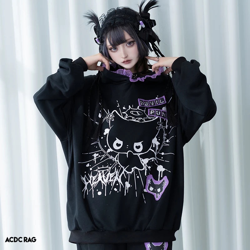 Acdc Rag Black and Purple Cat Ear Devil Punk Hoodie Acdc Rag Black and Purple Cat Ear Devil Punk Hoodie
