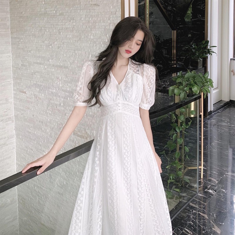 MOLEITAU fashion sweet lace white chiffon dress 2022 summer waist waist temperament French platycodon skirt