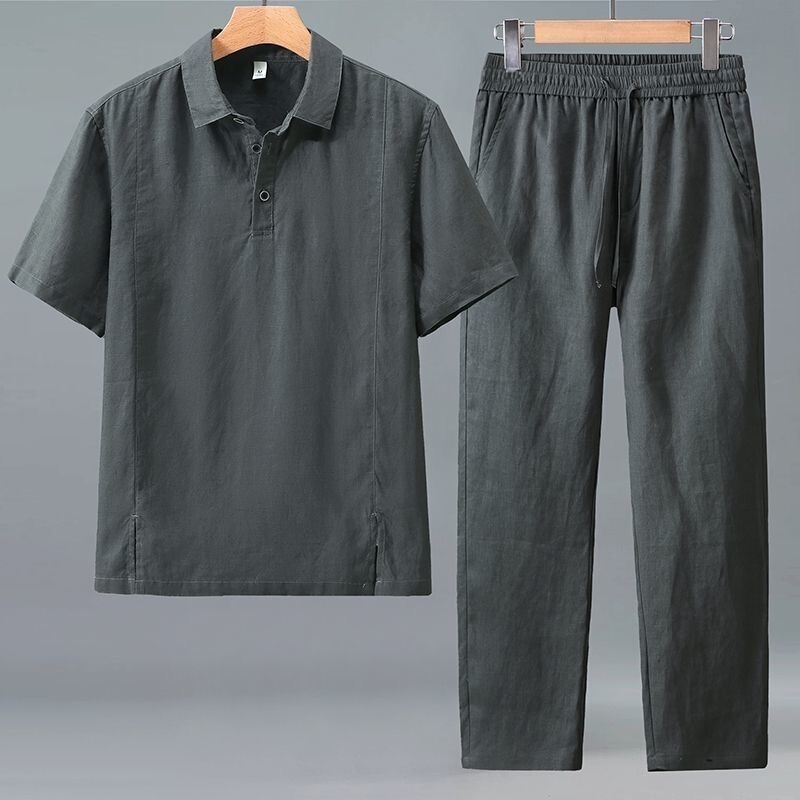 New Chinese Style Men's Pure Linen Breathable Shirt with a Turn-Down Collar, Short-Sleeved Shirt, Cotton-Linen Top, Elastic Waist Long Pants Men's Suit