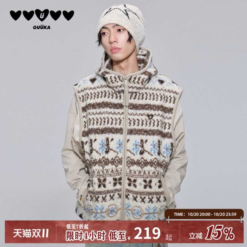 Guuka Fair Isle Striped Jacquard Hooded Vest for Men Winter Couple's Vest Retro Fleece Jacket
