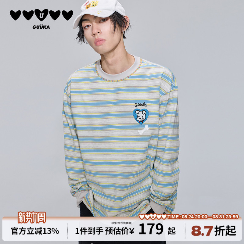 Guuka & Harada Haru Co-Branded Blue Striped Heavyweight Long-Sleeve T-Shirt for Men, Puppy Embroidery Hasselblad Thread Regular Shoulder Top