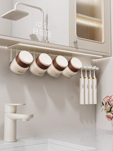 French Ziwoo Electric Toothbrush Holder, Mouthwash Cup, Under-Cabinet Mirror Cabinet, No-Drill Bathroom Stainless Steel Toothbrush Cup Holder