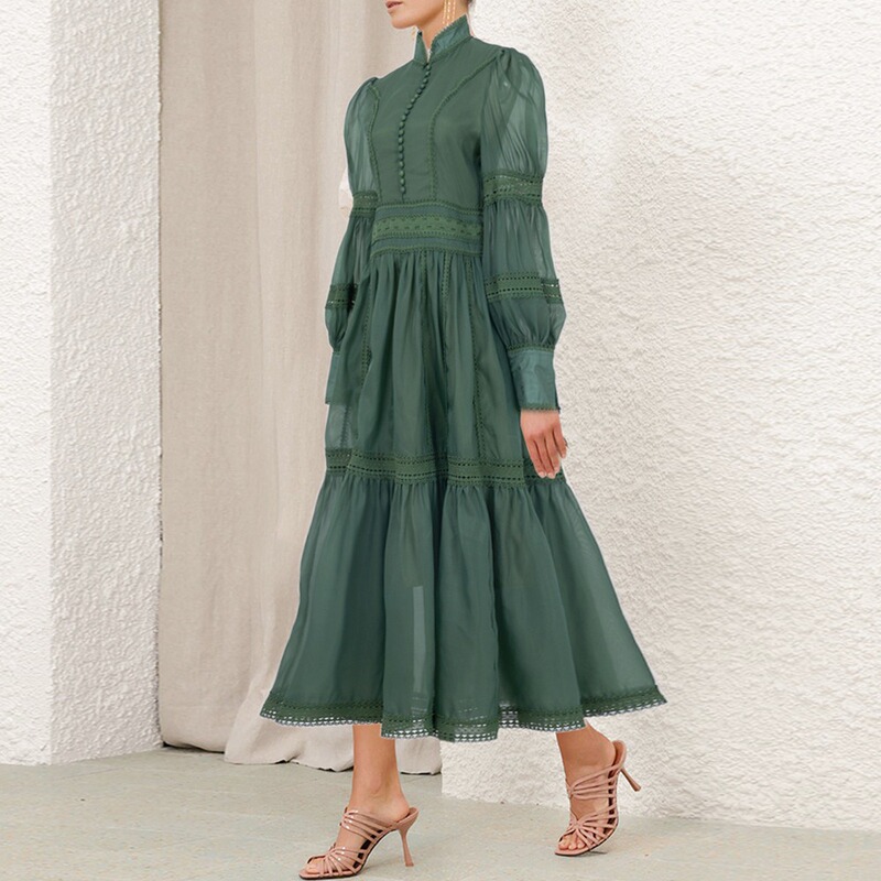 European and American Socialite Fashion Elegant Dress with Stand Collar, Lantern Sleeves, Solid Color, Hollow Lace, Large Hem, High-Waisted Dress European and American Socialite Fashion Elegant Dress with Stand Collar, Lantern Sleeves, Solid Color, Hollow Lace, Large Hem, High-Waisted Dress