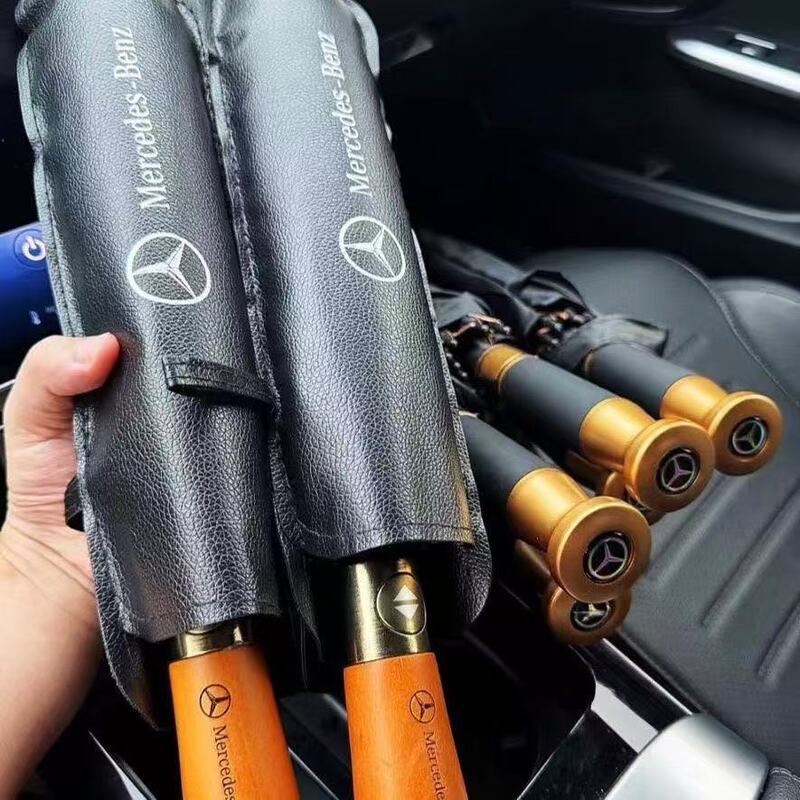 Mercedes-Benz Wooden Handle Engraved Automatic Umbrella, Same Model as 4S Store, Reinforced and Thickened Folding Umbrella for Men, Sun Umbrella for Women, Uv Protection