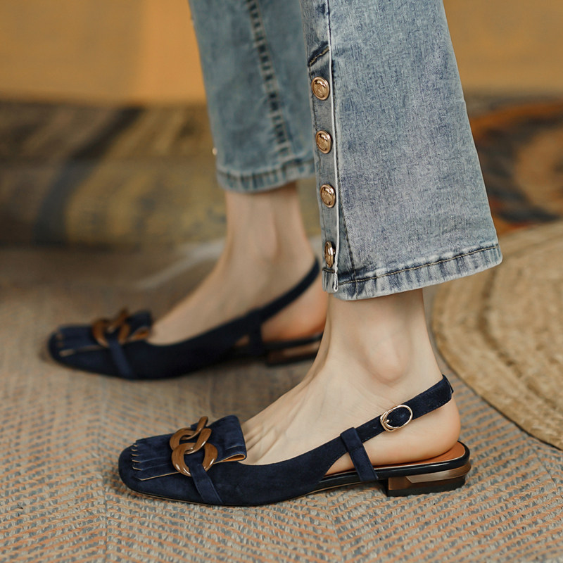 Uncle's French sandals women's flat bottom 2022 new nubuck leather Baotou low-heeled tassel single shoes spring and summer