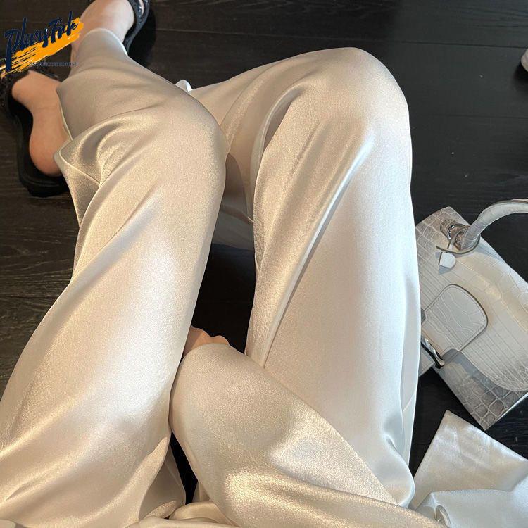 Silk Pajama Pants Summer Women's Long Pants Acetate Satin Wide-Leg Pants High-Waisted Loose Drapey Cool Pants