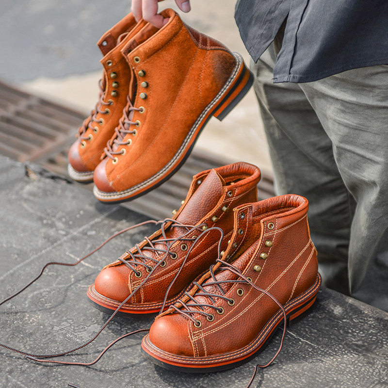 Ami khaki round head short face tooling boots couple retro Martin boots paratrooper boots top layer leather motorcycle boots men's tide