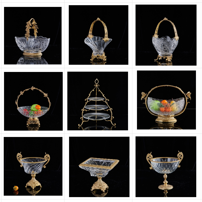 European-Style Crystal and Copper Fruit Plate Ornament Set, American-Style High-End Luxury Living Room Coffee Table, Villa Model Room Ornaments