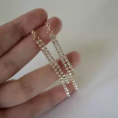 chao flash row diamond United States 14k gold double chain full diamond zircon tassel earrings long version earrings show face thin