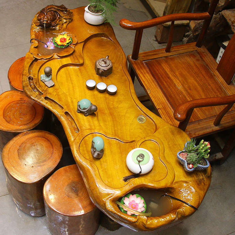 Root Carving Tea Table Gold Silk Nanmu Tea Table Tree Root Tea Sea Solid Wood Tea Table Whole Wood Root Tea Table And Chairs Combination MH3381