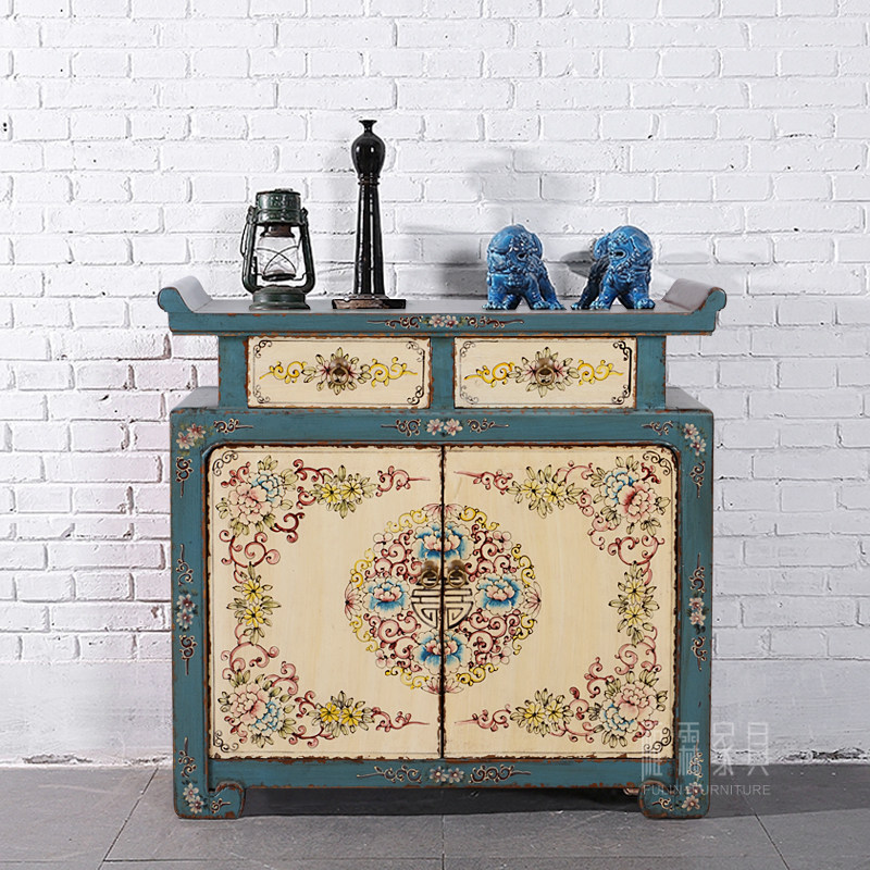 New Chinese antique furniture solid wood do old painted porch cabinet Ming and Qing Dynasty retro storage blue head dining cabinet