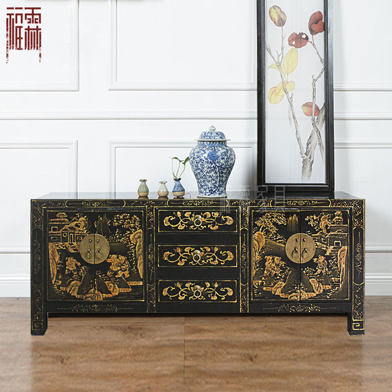 Chinese antique furniture old elm hand-painted gold porch cabinet hand-painted TV cabinet storage cabinet solid wood dining side counter