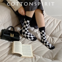 棋盘格袜子春秋款男女中筒日系潮棉袜jk情侣袜黑白复古方格笑脸袜